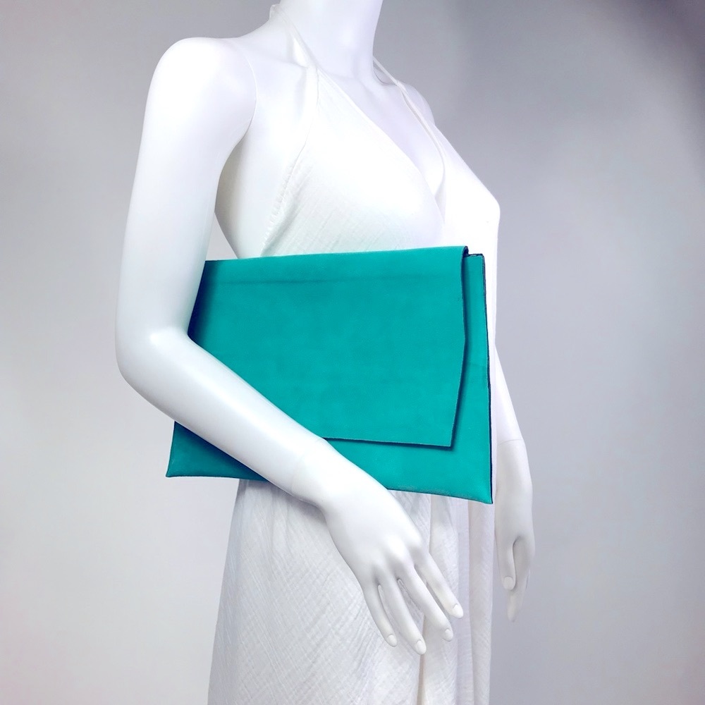 Turquoise Suede Clutch Bag w/ Black Contrast Trim